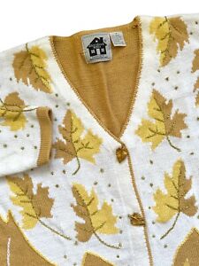 Storybook Knits Fall Tan Leaves Sweater Cardigan Womens Size 1X