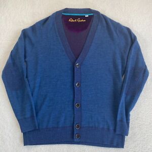 Robert Graham Cardigan Mens Medium Blue Classic Fit Elbow Patch Sweater 5-Button