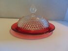 Vintage Indiana Glass Ruby Red Flash Diamond Point Lg. Oval Covered Butter Dish