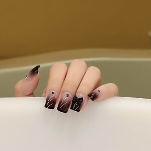 Black Bow Fake Nails With Glue Medium Long Cool Manicure Fake Nail Stickers