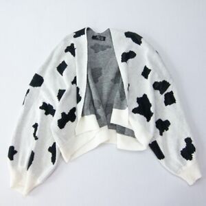 Dressed In LaLa Cropped Cardigan Women’s Large Good Energy Cow Print Knit White