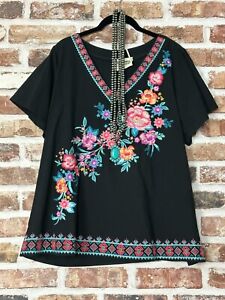 PLUS SIZE ANDREE BY UNIT EMBROIDERED BOHO BABYDOLL TUNIC TOP Black 1X