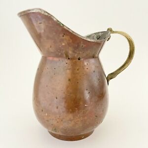 Vintage Copper Pitcher with Brass Handle 7” Farmhouse Vase Patina