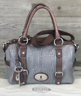 FOSSIL MADDOX Gray Reptile Embossed Leather Large Duffle Satchel Crossbody EUC!