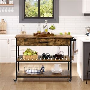 Rolling Kitchen Island Cart Microwave Stand Cart with Drawer and Shelves, Brown
