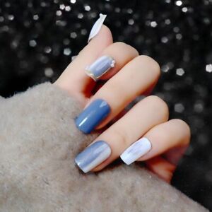 Reusable Blue White Fake Nails Hand Made Medium Length Fake Nail Stickers