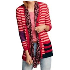 CAbi Picnic Cardigan Sweater Style 5446 Pink Red Stripe V-Neck Tunic Length SZ M