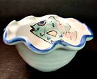 Signed Studio Art Pottery Bowl Hand Thrown Stoneware  Ribbed Hand Painted Fish