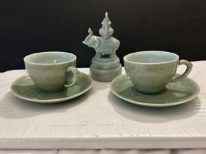 Chinese Celadon Elephant Bell Porcelain Lot with 2 Floral Cups and 2 Saucers