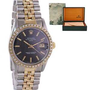 DIAMOND Bezel Rolex Oyster Perpetual Date Two Tone Steel Gold Black Watch 15053