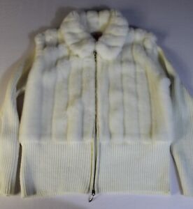Vintage 80s Ronnie Salloway Full Zip Faux Fur Front Knit Cardigan Ivory Women XL