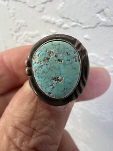 Navajo Ring Sterling & Turquoise Native American Size 9, . 9.6 Gr.signed. 1” H