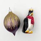 New ListingVintage Penguin and Purple Gold Glitter Teardrop Glass Christmas Ornaments
