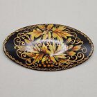 Vtg Russian Lacquered Wood Brooch Wild Floral Spray Hand Painted Oval Lapel Pin