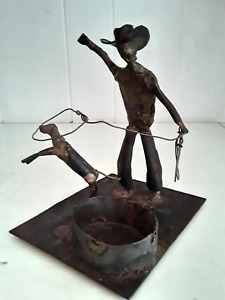 New ListingVintage Welded Small Metal Sculpture Cowboy Roping Calf Dogey Primitive w Patina
