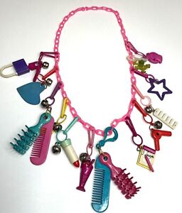 Vintage 1980s Bell Clip Charms with Pink Plastic Chain Necklace 13 Charms