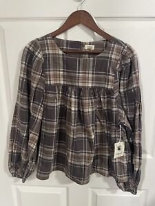 a.n.a Women’s Plaid Baby Doll Blouse Long Sleeves Large Brown Gray