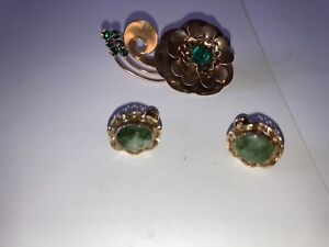 HG 1/12 GF jade(?) Screwbck Earrings Unmarked Brooch Green Stones Gold Tone VTG