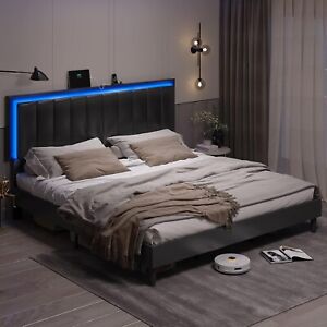 King Size Bed Frame with LED Light Faux Leather Upholstered Platform Bed Black