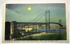 Ambassador Bridge at Night Windsor Ontario Canada Detroit MI Linen Postcard UNP