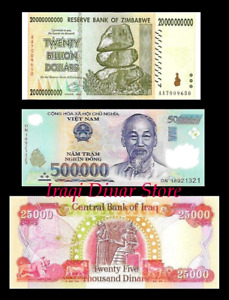 20 Billion Zimbabwe Dollars,  500, 000 Vietnam Dong & A 25, 000 Iraq Iraqi Dinar