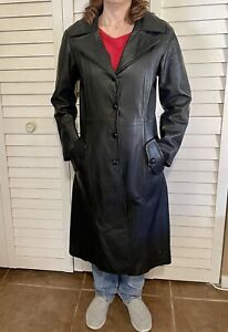 Vintage 90s Leather Jacket Women Long Trench Coat Black Small Made In Mexico