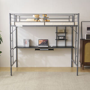 Twin Size Loft Bed with Desk and Storage, Heavy Duty Metal Loft Bed Frame