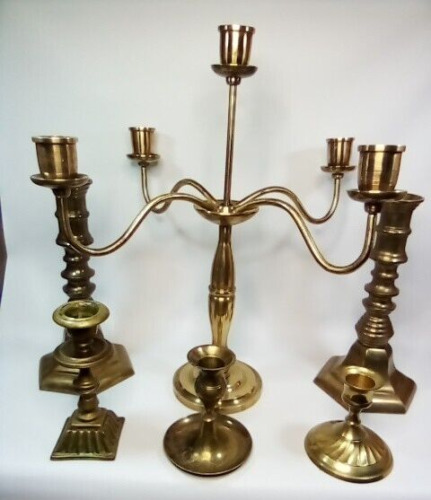 Solid Brass Candlestick Candelabra Lot of 6 HEAVY Wedding Party Chic Decor Solid