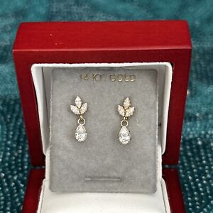 1960’s Vtg.14K Solid Yellow Gold CZ Gemstones Floral Dangle Stud Earrings
