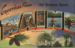 Old Orchard Maine large letter ~ pine cone moose lighthouse ~ postcard sku741