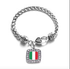 Italian Flag Braided Silver Inspired Bracelet with Crystal Charm NEW
