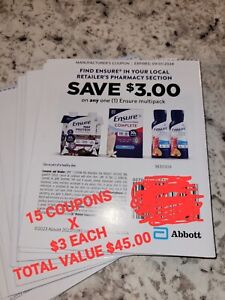 ENSURE Nutrition Shake Multipack Coupons Exp 9/1/24 $45 VALUE LOT of 15 Coupon