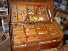 vintage wood tackle box with 40 plus vintage lures