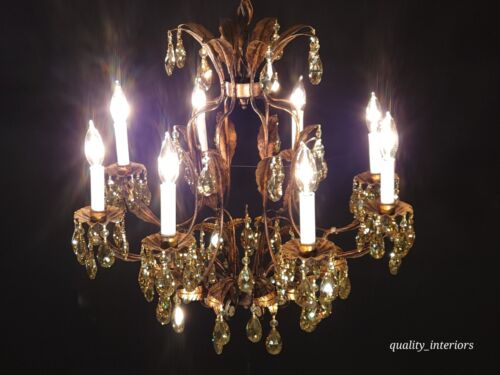 Antique 8 Light Italian Burnished Gold Tole AMBER Crystal BIRDCAGE Chandelier