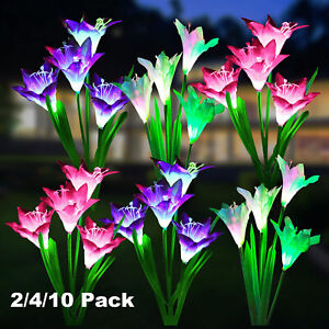 Solar Powered Lily Flower Lights Outdoor Garden Stake LED Landscape Decor Lamps