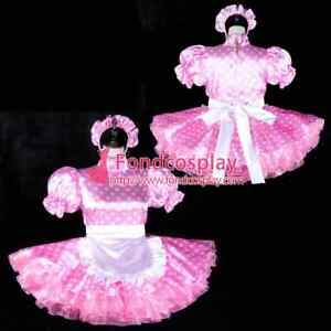 sissy maid short pink Dots satin dress lockable white apron Tailor-made