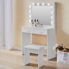 White Vanity Makeup Dressing Table With LED Stool 2 Drawers Wood Bedroom