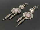 SOUTHWESTERN 925 Silver - Vintage Rose Quartz Feather Dangle Earrings - EG11471