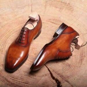 Mens Handmade Boot Shoes Brown Leather Oxford Brogue Lace Up Formal Dress Casual