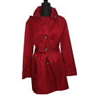 London Fog Womens Size XL Red Button Up Rain/Trench Coat Tie Waist DetachHood