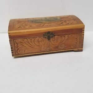 Wood Hinged Box with Mirror Dovetail Carved DAMAGED Vintage Dresser Top Valet