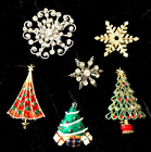VTG COSTUME JEWELRY MIXED LOT 6 PIN BROOCHES 3 SNOWFLAKES 3 CHRISTMAS TREES