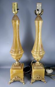 Vintage Pair Of Onyx Marble Table Lamp Light Mid Century Modern 21in Tall