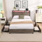 Queen Size Bed Frame with LED Headboard Metal Platform Bed with Storage Drawers