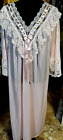 Vintage Pink Lacey V-Neck Gown 3/4 Sleeves Satin Bow Romantic Long Size 1X Flowy