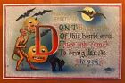 Vintage Halloween Postcard Unused 1910 Embossed VG Condition Devil Moon Bats Cat