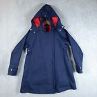 J Crew Trench Coat Womens Small Navy Red A-Line Swing Rain Removable Hood Jacket