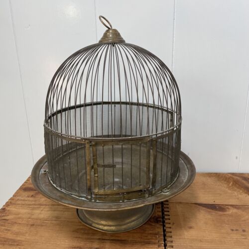 Antique LEON 1923 Brass Dome Bird Cage Art Deco Beehive Pedestal Stand