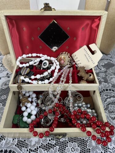 Vintage estate jewelry  lot with Vintage Jewelry box Monet Trifari AB Cameo