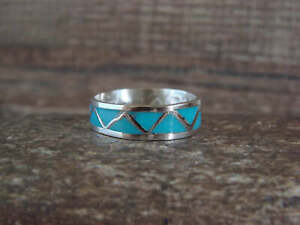 Navajo Indian Sterling Silver & Turquoise Inlay Ring Band by Morgan - Size 8.5